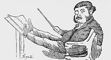 Newspaper cartoon of a monocled Sullivan lounging in a chair, his feet propped up on the podium, lazily conducting