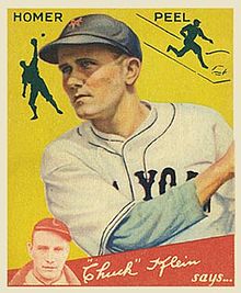 A baseball card image of a man in a white baseball uniform and dark cap with an interlocking "NY" on the face