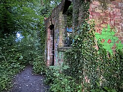 The graffitied ruins of a Parish House. Ivy is present and covers the ruin.