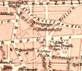 1892: The Judenmarkt is now called Börneplatz. Note the Börneplatz Synagogue (Syn.) between Börneplatz and the Old Jewish Cemetery. The Schnurgasse is today's Battonnstraße.