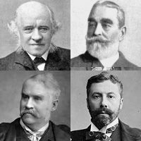 Head and shoulders photos of each of the four men. Black and white. Grove is bald and benign-looking; Burnand fully-thatched and moderately bearded, looking pleased with himself; Carte, serious, dark-haired and neatly bearded; and Gilbert light-coloured hair and moustache looking slightly to right.