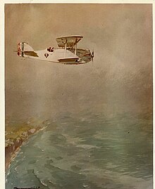 Colour watercolor of an aircraft flying over the coastline of France on the way over the Atlantic.