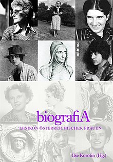 Collage of black and white photographs of women; text is in magenta