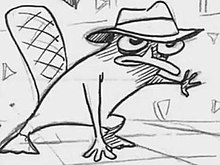 Pencil and ink line sketch of secret agent platypus, wearing a hat and with a determined expression, in a dramatic pose
