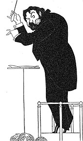 Caricature of a man in evening dress, seen from his left; he wears a large carnation in his lapel and is conducting an orchestra on tip-toe