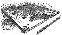 Drawing of the first Catholic church in St. Louis showing a small building and a lot