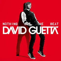 Against a red background, David Guetta leans against a wall, with a shadow seen behind him.
