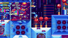 Sonic, a cartoonish blue hedgehog with red shoes, runs at high speeds and breaks windows in Studiopolis Zone, one of the levels in Sonic Mania.