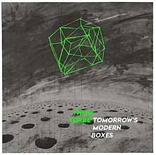 A box drawn from a series of green lines against a grey background. Light green bold text to the bottom right reads "Thom Yorke"; white bold text beside it reads "Tomorrow's Modern Boxes".