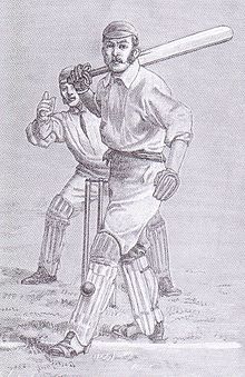 Drawing of a batsman hit on the pads by the ball. The wicketkeeper is about to appeal.