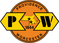 The logo of the Providence and Worcester Railroad. In addition to showing the railroad's name, a map of Massachusetts and Rhode Island is at the center of the logo, with stars indicating the locations of Providence and Worcester, and the year "1844", when the company was originally formed.