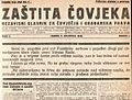 Prva stranica Cesarčeva tjednika Zaštita čovjeka, god. I., br. 2, 9. kolovoza 1928. godine.