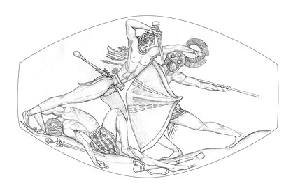 Изображение боевой сцены на гемме из гробницы воина с грифоном, середина XV века до н. э.